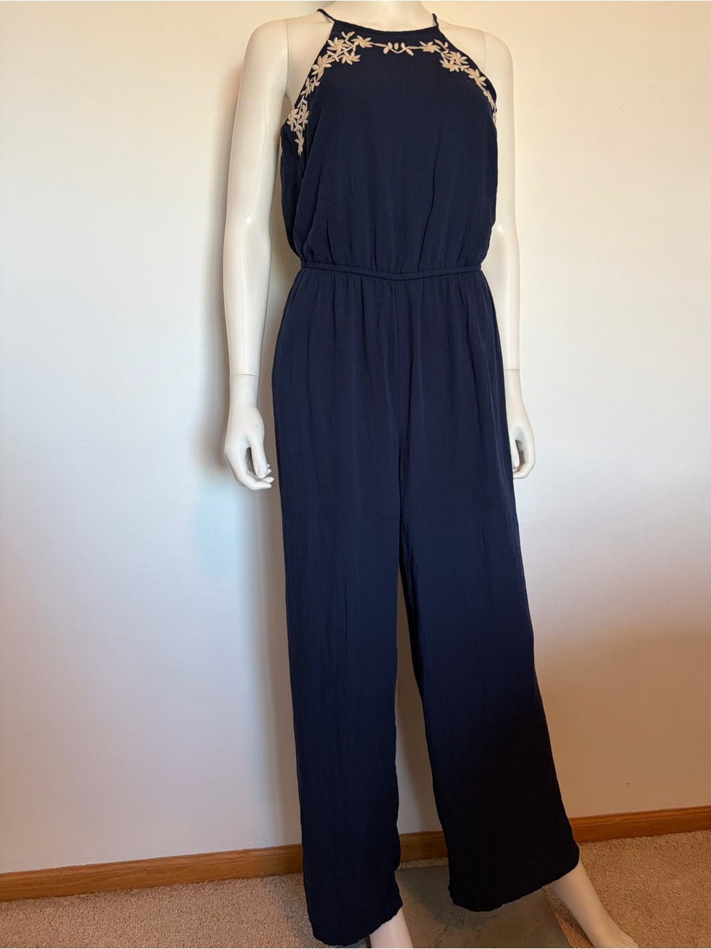#639 Mona B Navy Halter Jumpsuit with Embroidered Cream Floral Trim